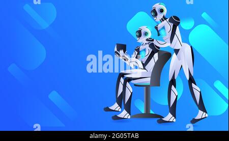 robots couple using tablet pc modern robotic characters artificial intelligence technology concept Stock Vector
