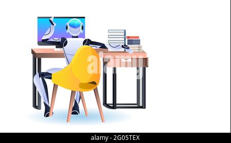 robot sitting at workplace robotic businessperson working in office artificial intelligence technology concept Stock Vector