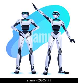 robots couple standing together modern robotic characters team artificial intelligence technology Stock Vector