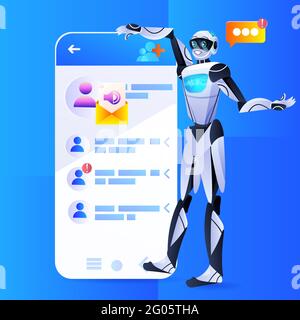robot chatbot assistant using mobile messenger app speech bubble online communication artificial intelligence concept Stock Vector