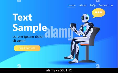 robot chatbot assistant using tablet pc modern robotic character with chat bubble artificial intelligence technology Stock Vector