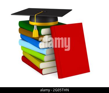 graduation cap and pile books on white background. Isolated 3D illustration Stock Photo