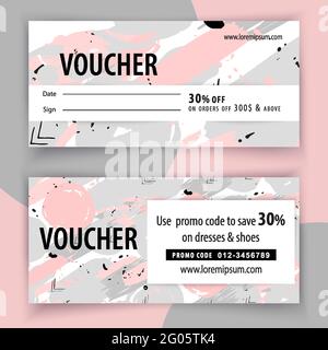 Voucher grunge trendy blob template. Pink hand drawn blots and black grey blob spatters for wedding card, mothers day, womans day. Vector illustration Stock Vector