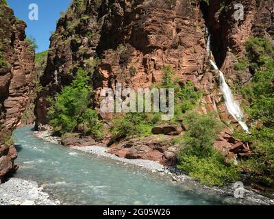AERIAL VIEW from a 6m mast. The Amen Waterfall feeding into the Var River, deep inside the Daluis Gorge. Guillaumes, Alpes-Maritimes, France. Stock Photo