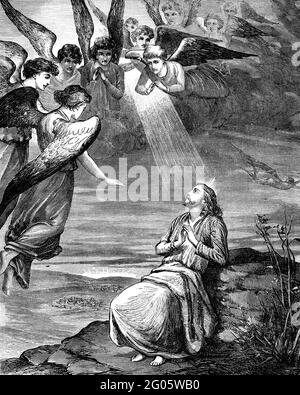 An engraved illustration image of the Temptation of Jesus Christ, from a vintage Victorian book dated 1881 that is no longer in copyright Stock Photo