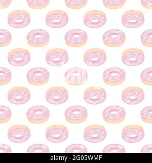 Donut seamless pattern. A doughnut with pink frosting. Donut on a white background. Design of the restaurant menu booklet. A bitmap illustration of a Stock Vector