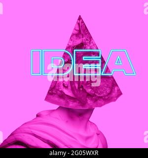Contemporary art collage. Antique statue bust headed of piece of pizza. Concept of moder art, beauty, minimalism Stock Photo