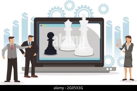 Businessmen planning and moving with chess figure strategy play online. Concept of strategy, management or leadership. Vector illustration. Stock Vector