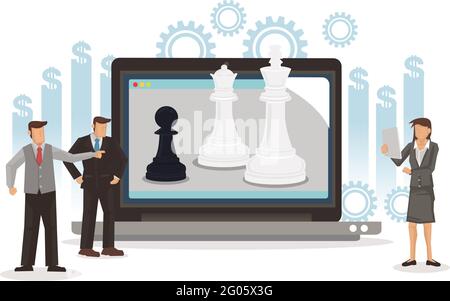 Businessmen planning and moving with chess figure strategy play online. Concept of strategy, management or leadership. Vector illustration. Stock Vector