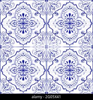 Blue and white floral seamless pattern, vintage paisley square elements, traditional ethnic motifs. Stock Photo