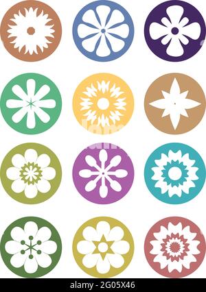 Set of vector illustration of flower silhouette in white on colored circles isolated on white background. Stock Vector