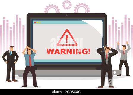 Businessmen worried when their laptop come out a warning sign. Notebook with bug and virus. Software errors. Flat isolated vector illustration. Stock Vector