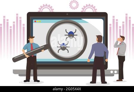 Businessman investigates bug and virus in a laptop with magnifying glass. Notebook with bugs control. Software errors. Flat isolated vector illustrati Stock Vector