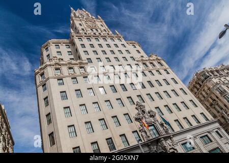 Telefonica building on Calle Gran Via street in Madrid, Spain Stock Photo