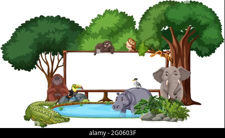 Empty banner with wild animals and rainforest trees on white background ...