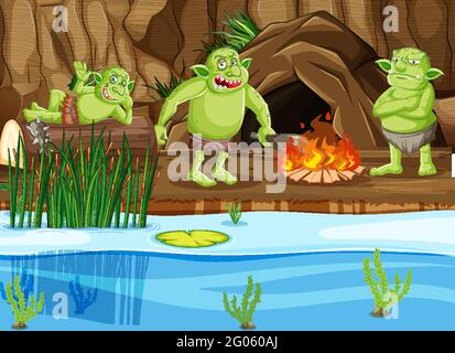 Night scene with goblin or troll cartoon character illustration Stock Vector