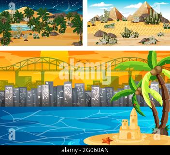 Three different nature horizontal scenes illustration Stock Vector