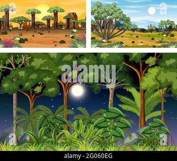 Set of different forest horizontal scenes illustration Stock Vector