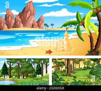 Three different nature horizontal scenes illustration Stock Vector