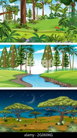 Three different nature horizontal scenes illustration Stock Vector