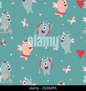 Seamless background with fantastic monsters. Cute and funny monsters - a girl on a scooter and a boy with wings on a green background with butterflies Stock Vector