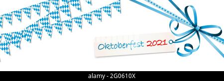 different Oktoberfest 2021 2022 garlands having blue and white checkered pattern with blue ribbon bow with hang tag Stock Vector