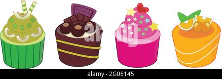 Set of cupcakes flavor-Kiwi,Chocolate,strawberry and orange Stock Vector