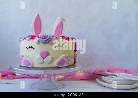 Trendy cake for Easter or Birthday. Blank greeting card. Cheerful bunny with a muzzle and ears. Easter cake. Children's holiday. Copy space Stock Photo