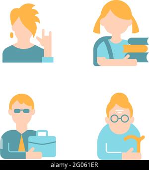 Different age and gender vector flat color icon set Stock Vector