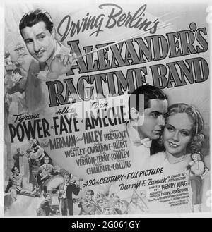 TYRONE POWER ALICE FAYE and DON AMECHE in ALEXANDER'S RAGTIME BAND 1938 director HENRY KING songs Irving Berlin costumes Gwen Wakeling Twentieth Century Fox Stock Photo