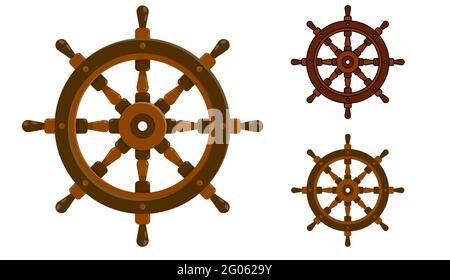 Steering wheel ship icon, fishing boat. Yacht management at sea. Flat color vector with stroke in different styles Stock Vector
