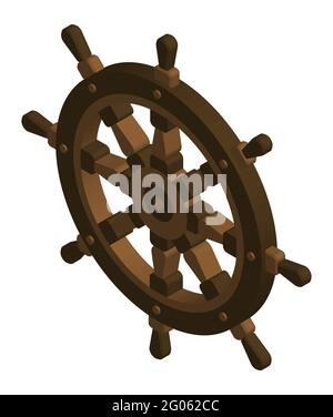 3D steering wheel ship, fishing boat. Yacht management at sea. Isometric vector Stock Vector