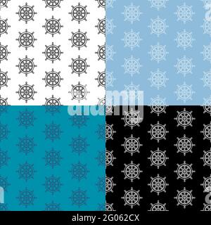 set of seamless patterns with Steering wheel ship icon, fishing boat. Ornament for decoration and printing on fabric. Design element. Vector Stock Vector