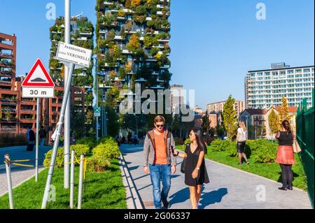 View of Bosco verticale building, a pair of residential towers in the Porta Nuova district of Milan, Italy, between Via Gaetano de Castillia and Via F Stock Photo