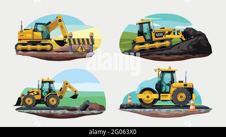 yellow construction vehicles at work in set Stock Vector