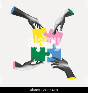 Hands aesthetic on light background with colored puzzles, artwork. Concept of business, community, professional occupation, symbolism, surrealism. Stock Photo