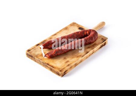 Spanish chorizo sausage isolated on white background Stock Photo