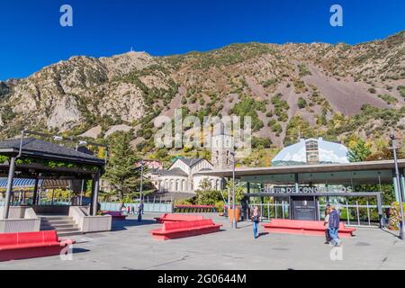 ANDORRA LA VELLA, ANDORRA - OCTOBER 28, 2017: Centre de Congressos and Sant Esteve church in Andorra la Vella Stock Photo