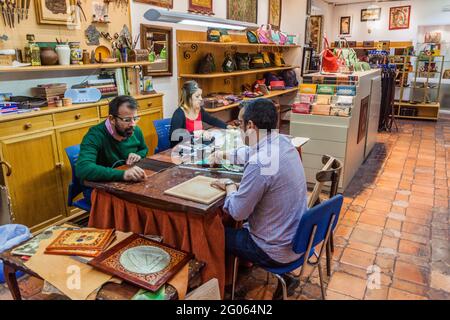 CORDOBA, SPAIN - NOVEMBER 4, 2017: Interior of Meryan leather workshop in Cordoba, Spain Stock Photo