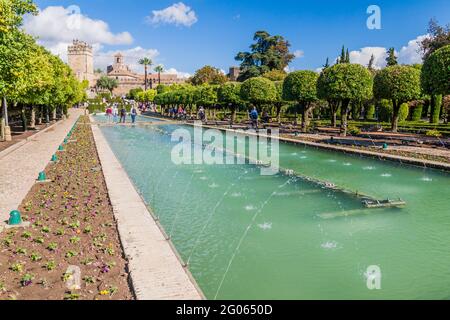 CORDOBA, SPAIN - NOVEMBER 5, 2017: Fountains at Alcazar de los Reyes Cristianos in Cordoba, Spain Stock Photo