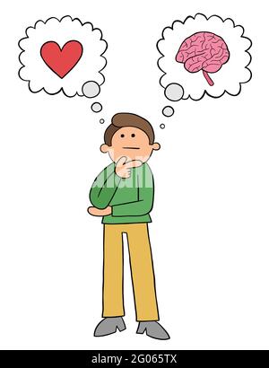 Cartoon man thinks he should listen to his heart or his mind, vector illustration. Black outlined and colored. Stock Vector