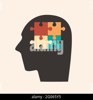 Mental health concept. Human head with puzzle pieces inside. Vector hand drawing illustration for design. Stock Vector