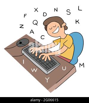 Cartoon man typing with ten fingers on the keyboard, vector illustration. Black outlined and colored. Stock Vector