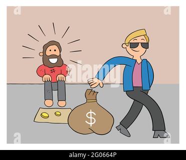 Cartoon rich man giving homeless man a sack of dollars, vector illustration. Black outlined and colored. Stock Vector