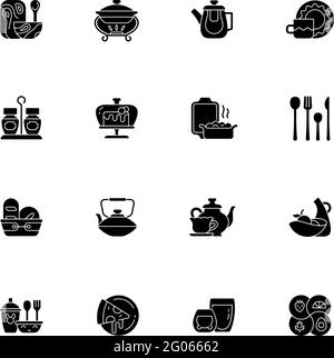 Trendy tableware black glyph icons set on white space Stock Vector