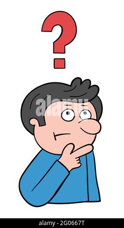 Cartoon man thinks, vector illustration. Black outlined and colored. Stock Vector