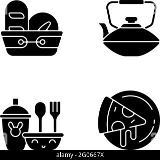 Kitcken dinnerware black glyph icons set on white space Stock Vector