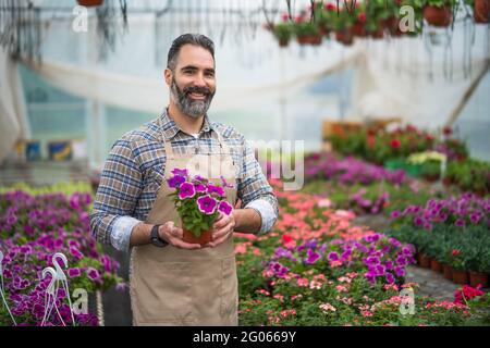 Mid adult man is owning small business greenhouse store. Stock Photo
