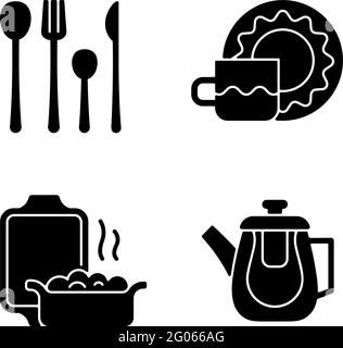 Dinner accessories black glyph icons set on white space Stock Vector