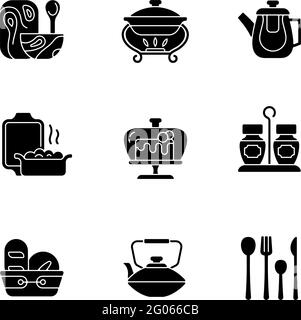 Trendy tableware black glyph icons set on white space Stock Vector
